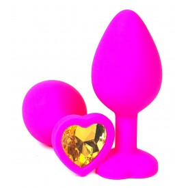 Розовая силиконовая пробка с оранжевым кристаллом-сердцем - 8 см.